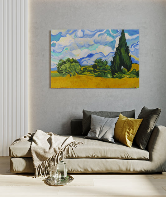 Wheat Field with Cypresses - Van Gogh Oil Painting Reproduction, 36x24 Inches